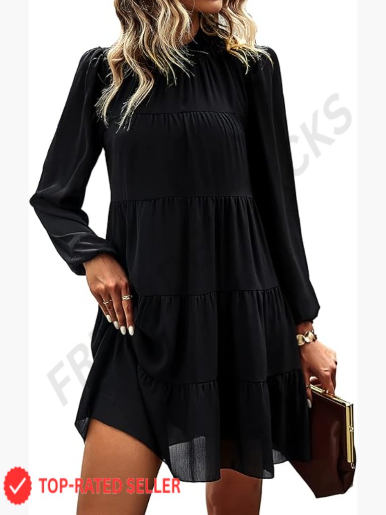 Long Sleeve Babydoll Dress Ruffle Mock Neck Swing Shift Mini Flowy Tiered Casual